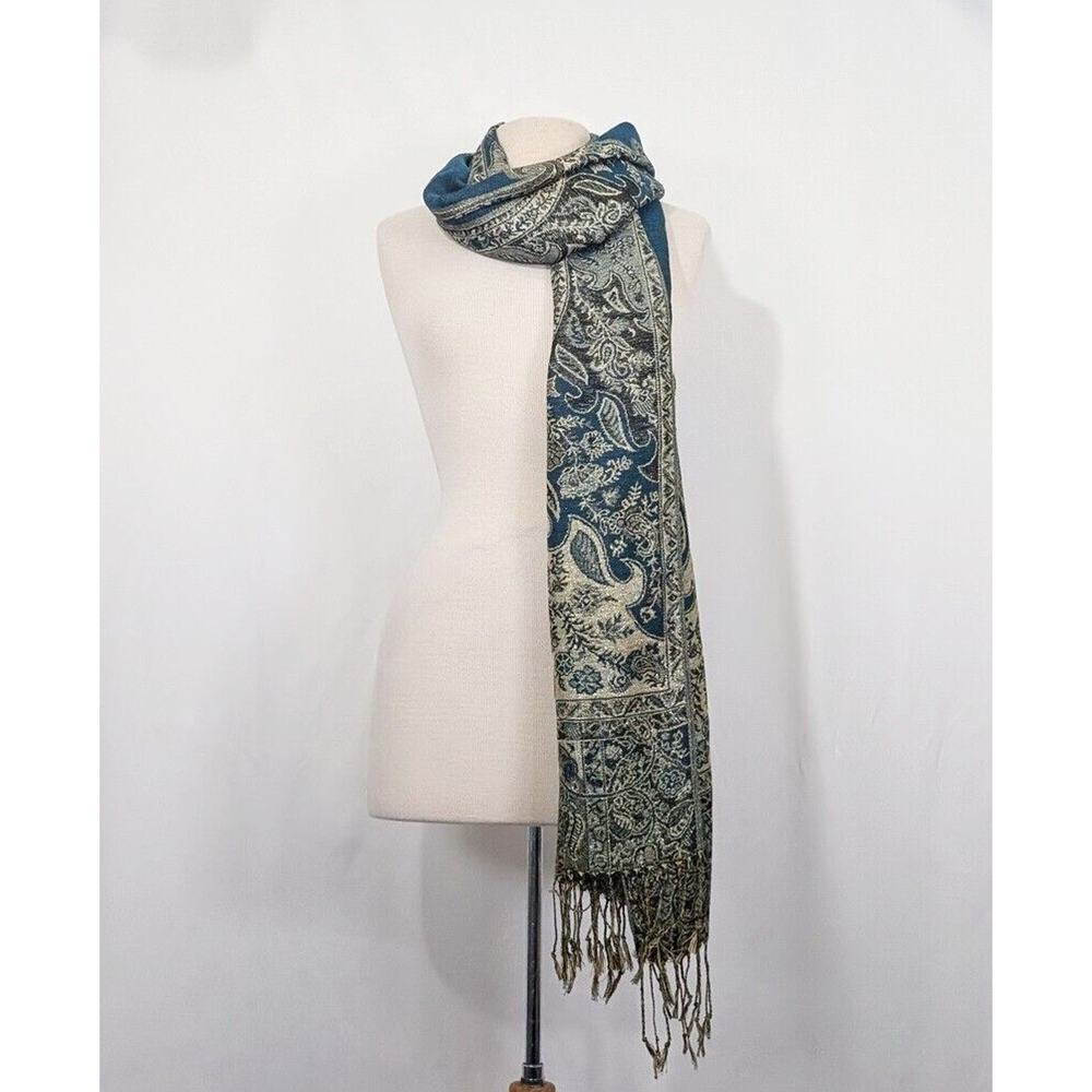 Teal Green Gold Metallic Brown Baroque Style Scarf 27 x 72 Inches
